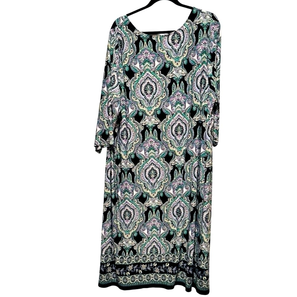 Catherines Womens 2X Long Sleeve Paisley Shift Dress Green Purple Liquid Knit - Picture 4 of 8